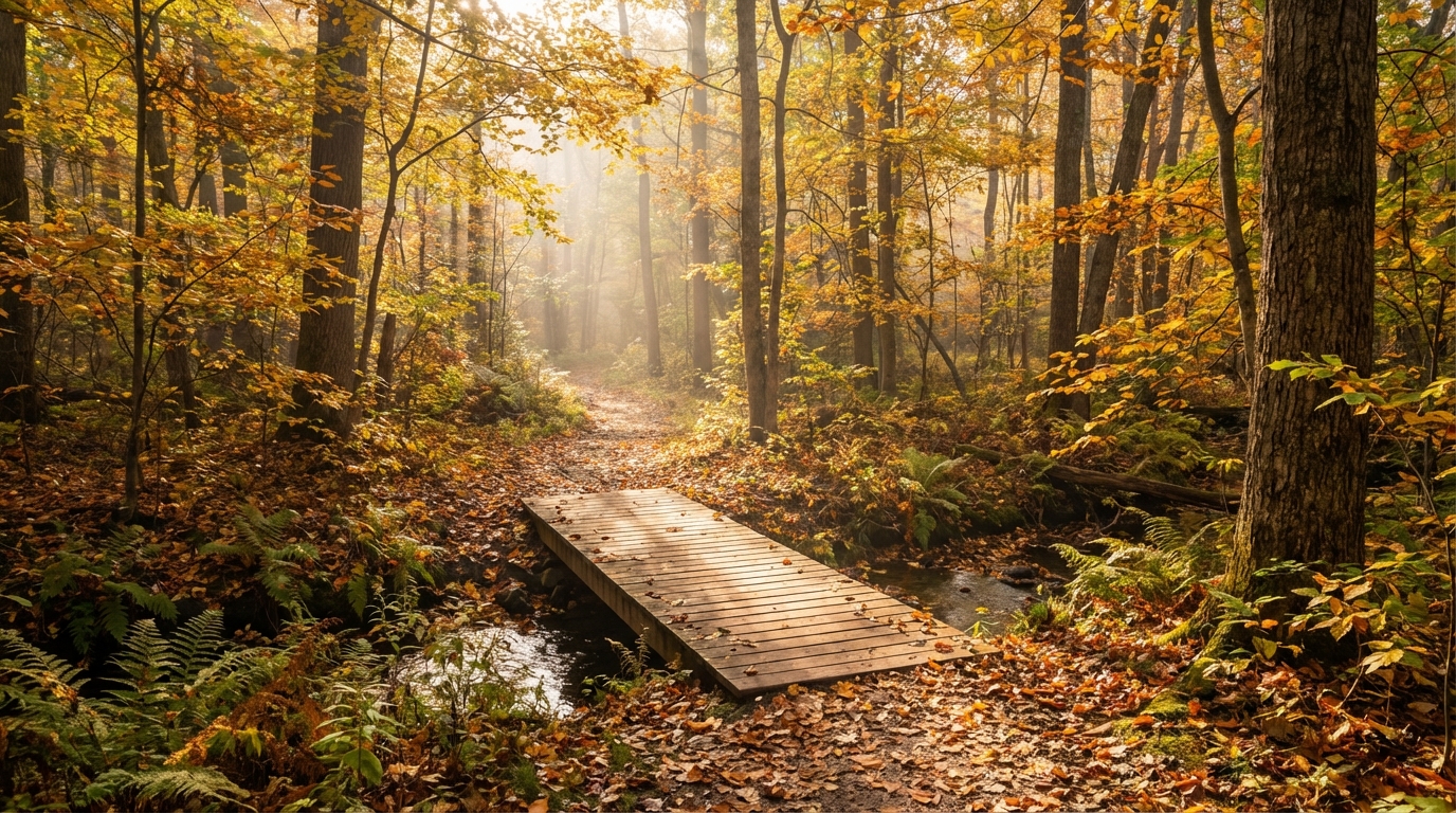 Small wooden footbridge crossing a stream in a sunlit forest with vibrant golden autumn leaves and ferns lining the banks