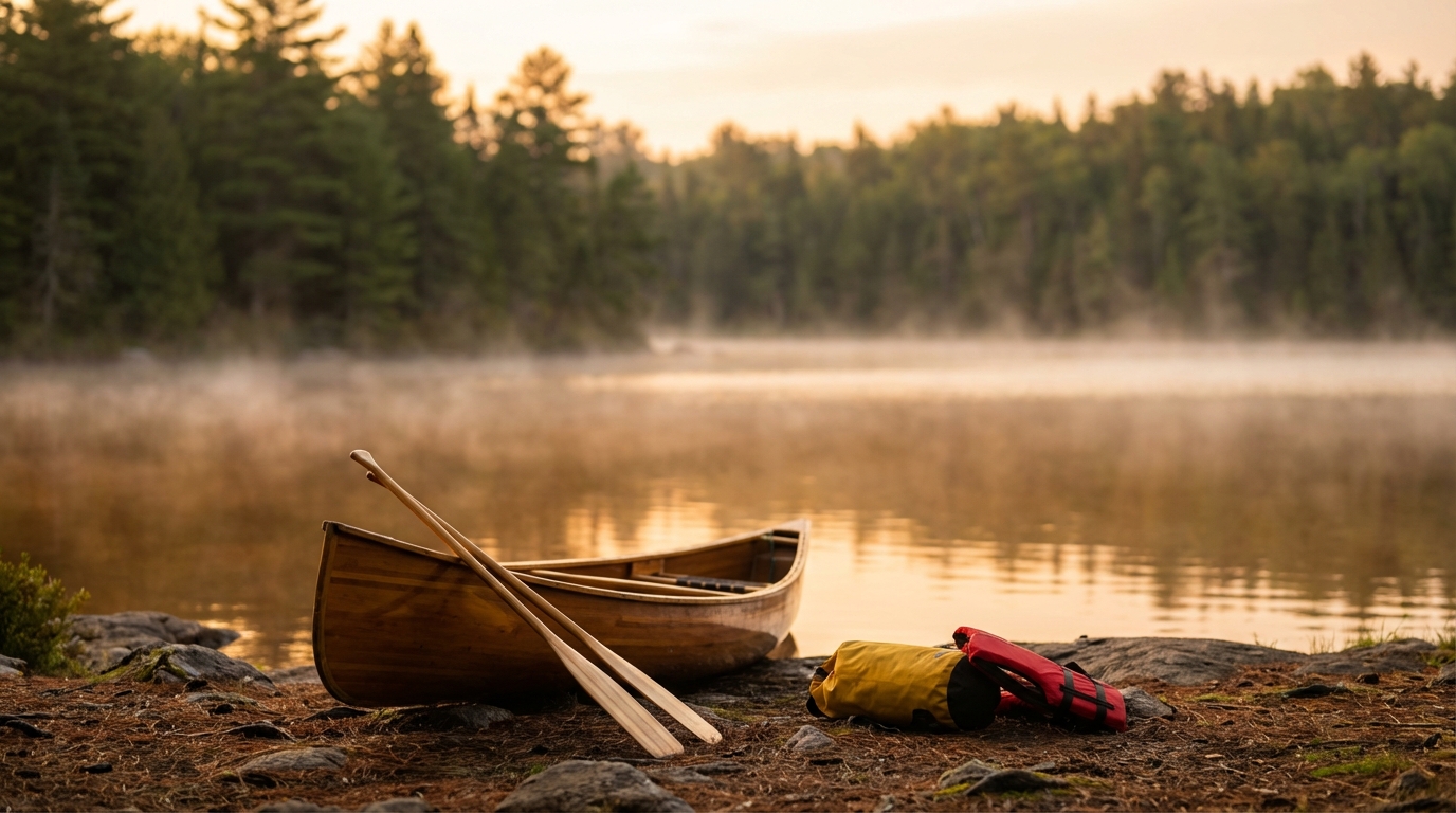 Wooden canoe with two paddles resting on a rocky lake shore next to a yellow dry bag and red life jacket during a misty golden sunrise surrounded by a pine forest