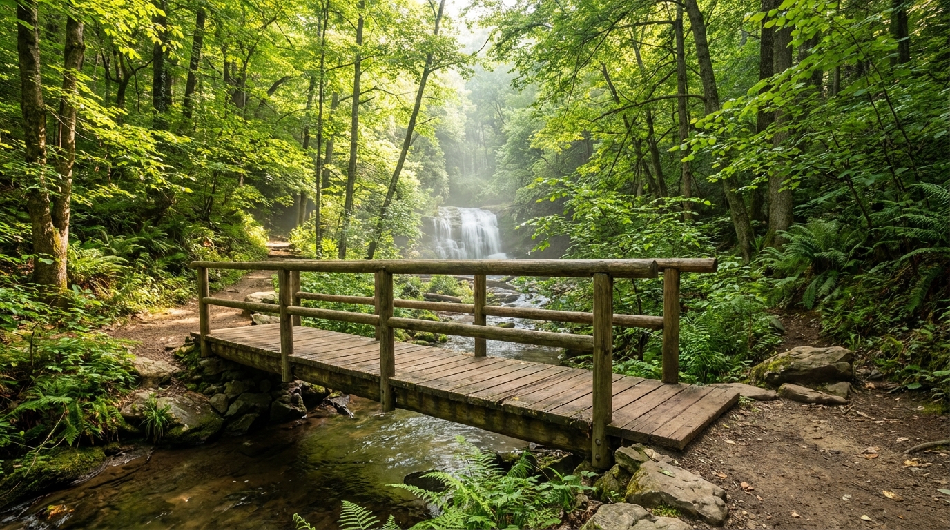 Rustic wooden footbridge crossing a rocky stream in a dense green forest, with a cascading waterfall visible in the misty, sun-dappled background