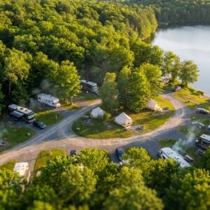Aerial view of a lakeside campground nestled in a dense green forest, featuring parked RVs, white glamping tents, and winding gravel roads with smoke rising from campfires