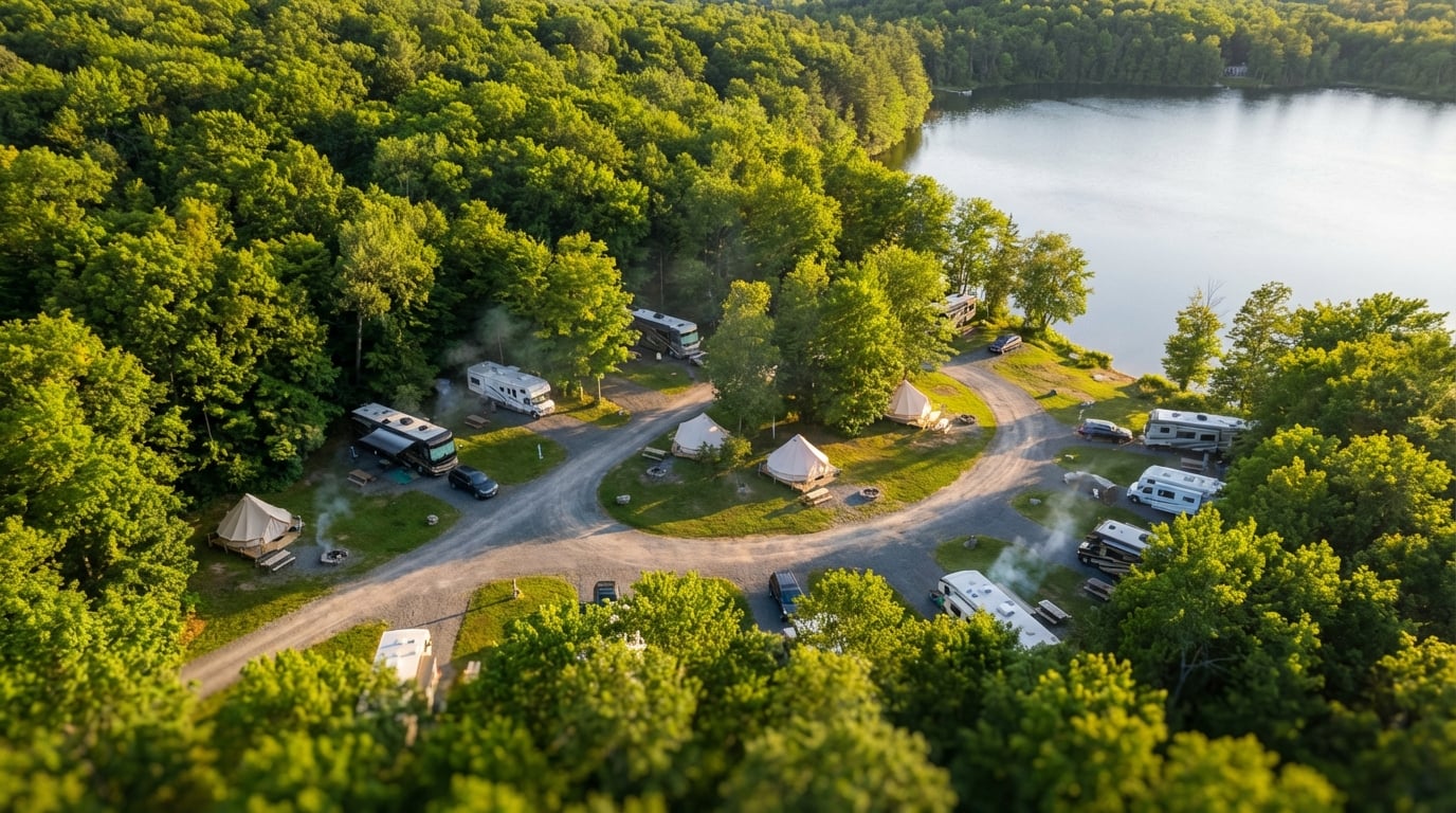 Aerial view of a lakeside campground nestled in a dense green forest, featuring parked RVs, white glamping tents, and winding gravel roads with smoke rising from campfires