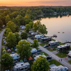 Aerial view of a busy lakeside campground at sunset featuring rows of RVs and tents nestled among lush green trees with kayakers on the water and families gathering around fire pits