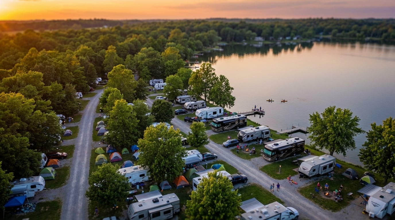 Aerial view of a busy lakeside campground at sunset featuring rows of RVs and tents nestled among lush green trees with kayakers on the water and families gathering around fire pits
