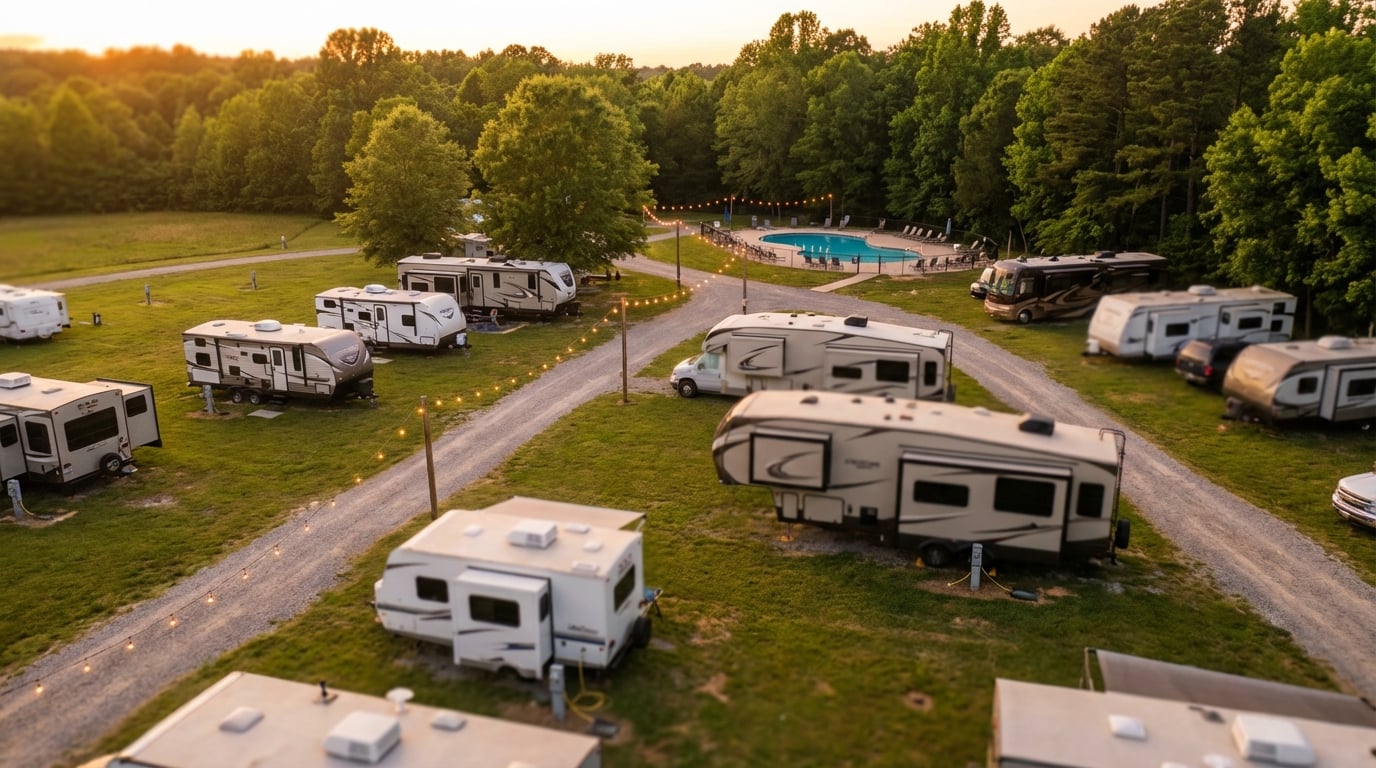 Aerial view of a scenic RV park and campground at sunset, featuring gravel roads lined with travel trailers and motorhomes, overhead string lights, and a swimming pool nestled against a dense forest line.