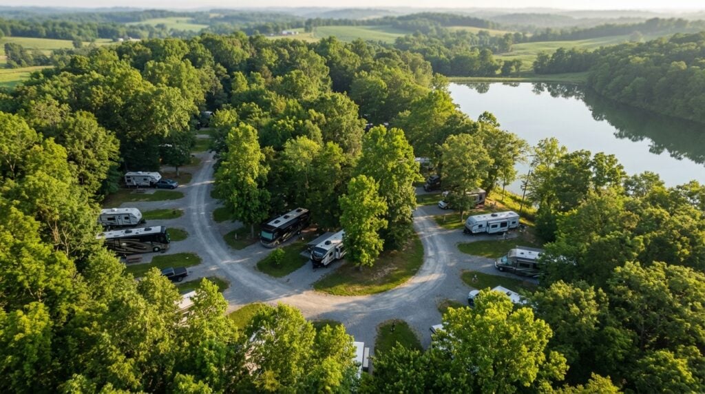 Aerial view of a scenic RV campground nestled among dense green trees next to a calm lake, featuring gravel roads looping through the forest with various motorhomes and travel trailers parked in campsites against a backdrop of rolling rural hills.