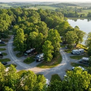 Aerial view of a scenic RV campground nestled among dense green trees next to a calm lake, featuring gravel roads looping through the forest with various motorhomes and travel trailers parked in campsites against a backdrop of rolling rural hills.