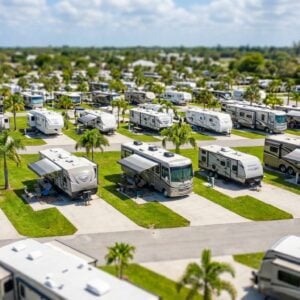 Aerial view of a sprawling RV resort on a sunny day, featuring rows of Class A motorhomes and travel trailers parked on concrete pads with manicured green lawns and palm trees.