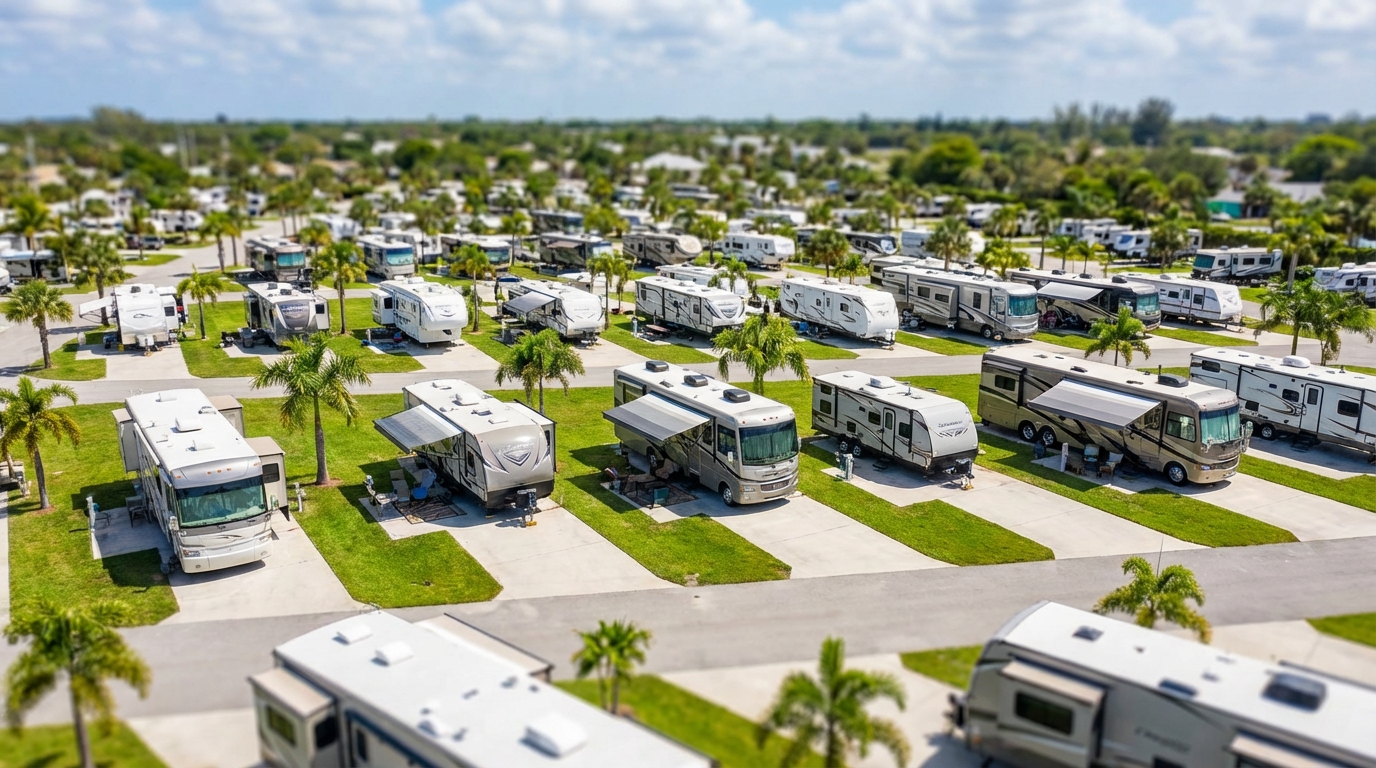 Aerial view of a sprawling RV resort on a sunny day, featuring rows of Class A motorhomes and travel trailers parked on concrete pads with manicured green lawns and palm trees.