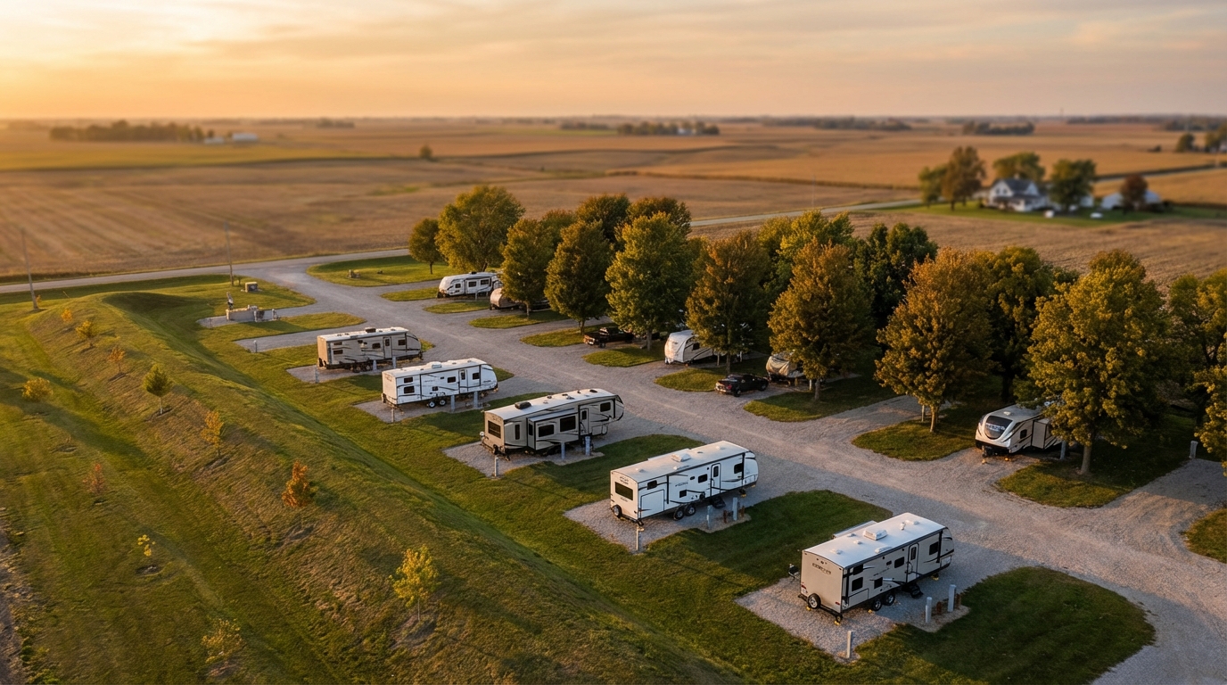 Aerial view of a rural RV park during sunset, showing rows of modern white travel trailers parked on gravel pads surrounded by green grass, trees, and expansive farm fields.