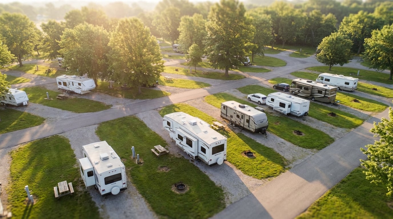 Aerial view of a peaceful RV park campground bathed in warm golden hour sunlight, featuring paved roads winding through gravel campsites occupied by travel trailers and motorhomes surrounded by lush green grass and trees.