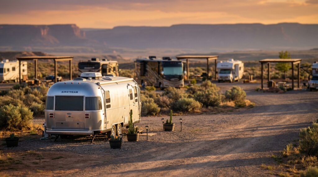 Silver Airstream trailer parked in a scenic desert RV campground with gravel lots, sagebrush, and other motorhomes under wooden shelters against a backdrop of distant mesas at sunset