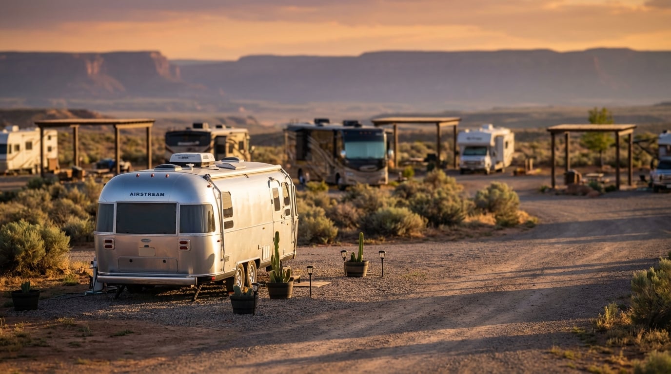 Silver Airstream trailer parked in a scenic desert RV campground with gravel lots, sagebrush, and other motorhomes under wooden shelters against a backdrop of distant mesas at sunset