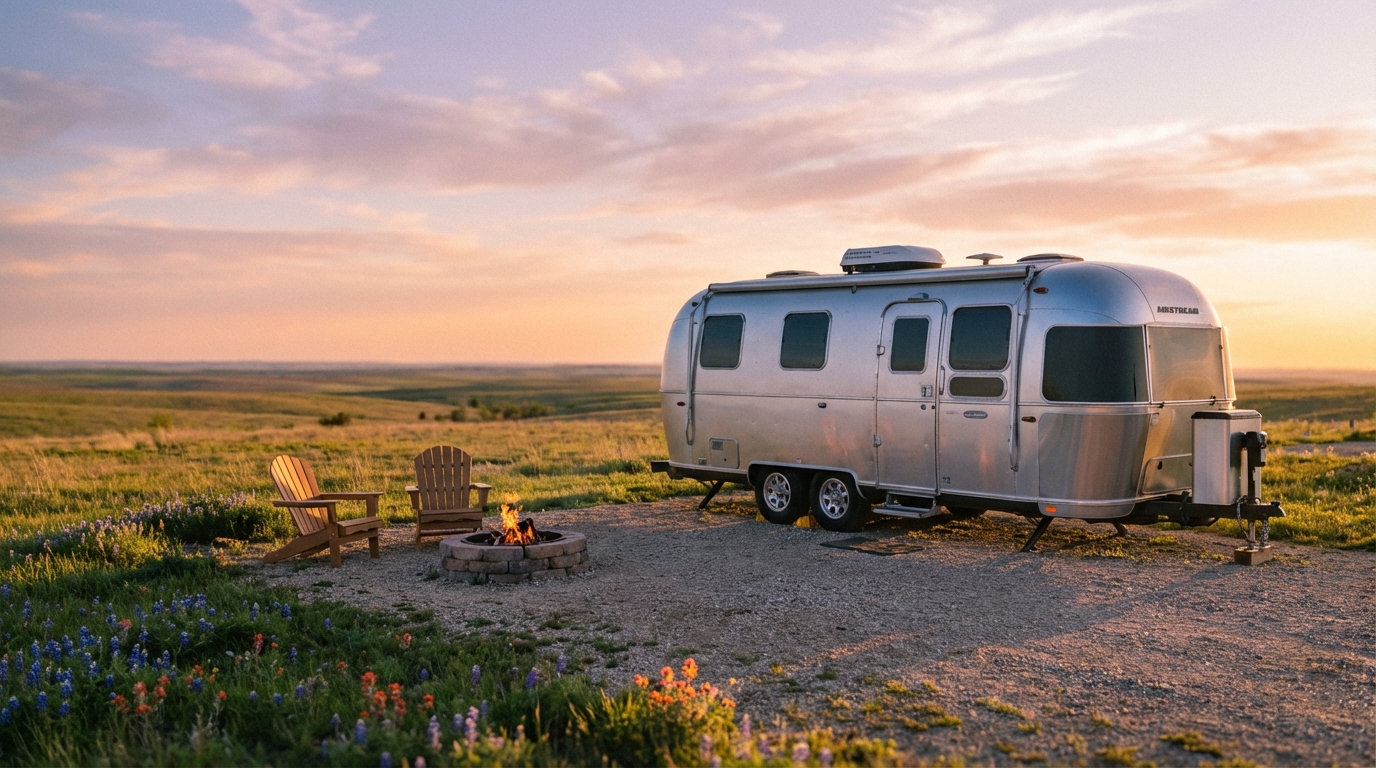 Silver Airstream travel trailer parked on a gravel campsite featuring two wooden Adirondack chairs facing a burning fire pit during a scenic sunset over rolling green plains with wildflowers