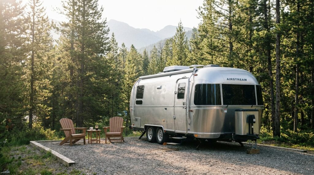 Silver Airstream travel trailer parked on a gravel campsite surrounded by tall pine trees with mountains in the distance, featuring two wooden Adirondack chairs and a side table sitting in the sunlight