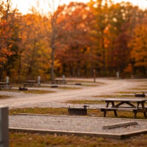 Empty gravel campsites featuring wooden picnic tables, fire rings, and utility hookups situated in a forest with vibrant orange and red autumn foliage