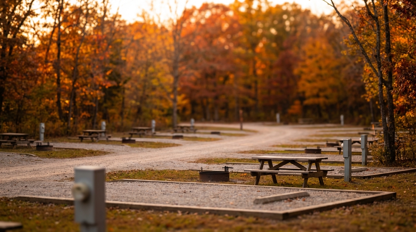 Empty gravel campsites featuring wooden picnic tables, fire rings, and utility hookups situated in a forest with vibrant orange and red autumn foliage