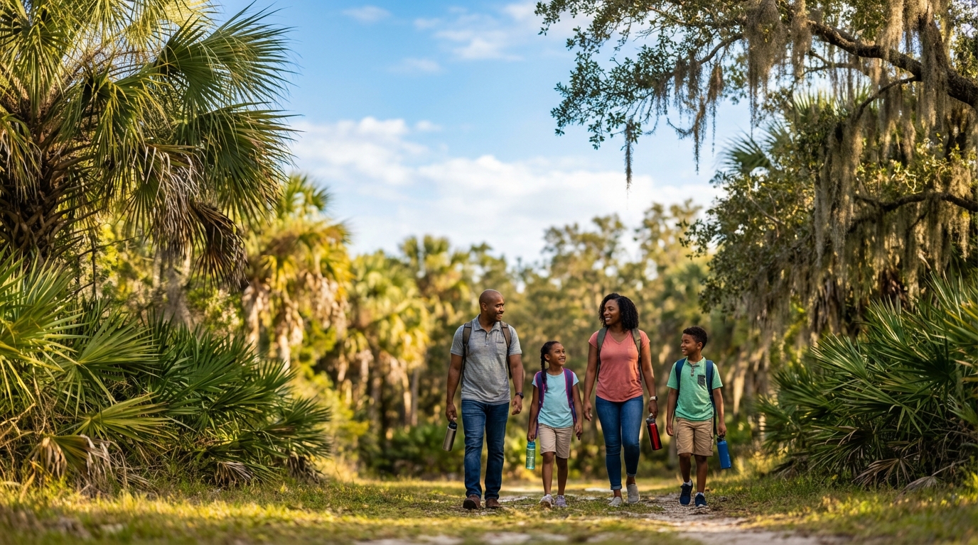 African American family of four smiles while hiking on a sunny nature trail lined with green palmettos and oak trees draped in Spanish moss.