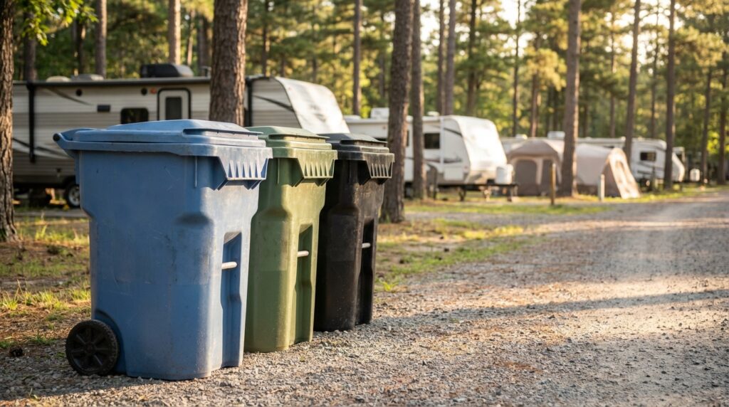 Row of blue, green, and black wheeled trash bins lined up along a gravel road at a campground with RVs and tents in the background
