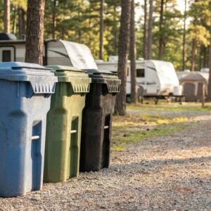 Row of blue, green, and black wheeled trash bins lined up along a gravel road at a campground with RVs and tents in the background