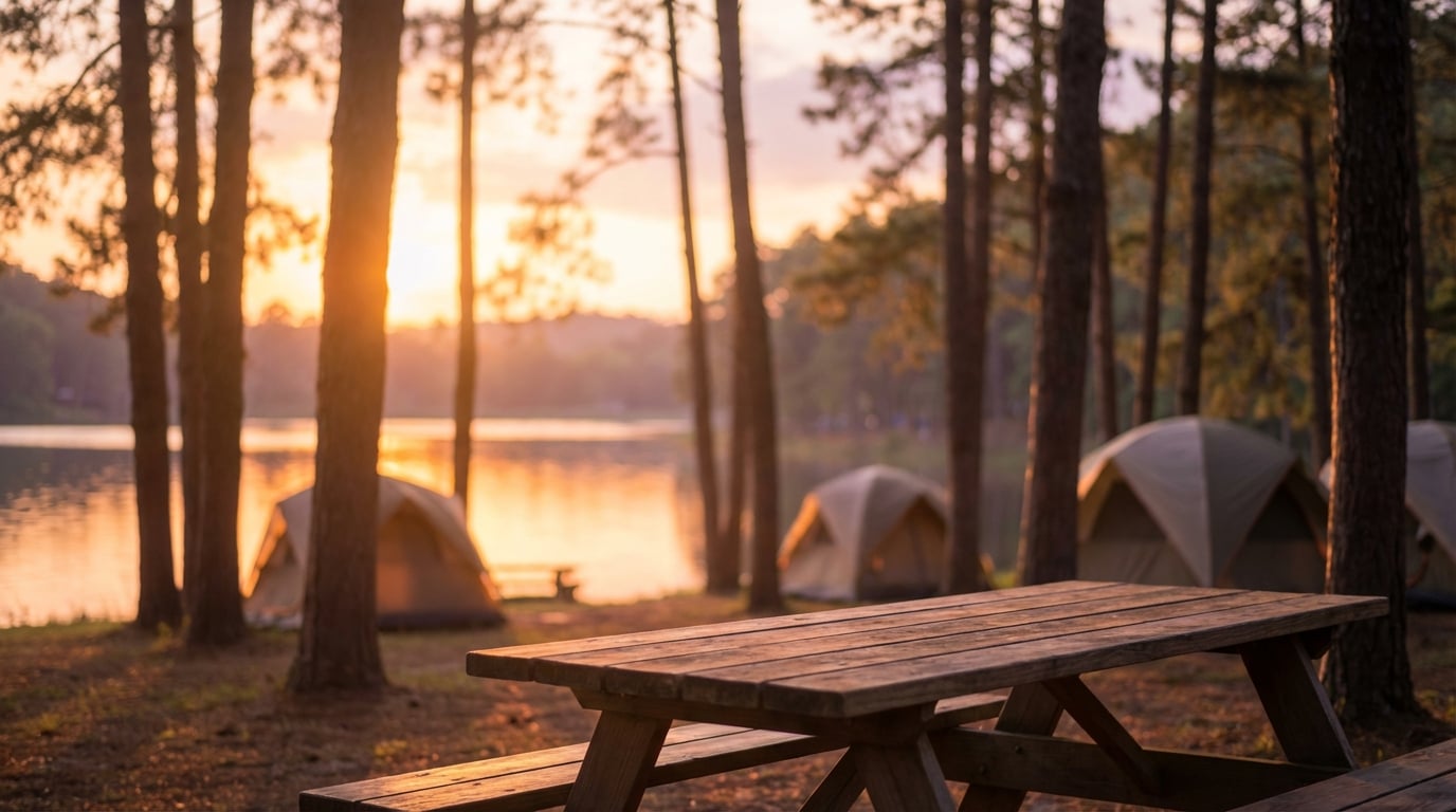 Wooden picnic table in the foreground of a peaceful campground with tents set up among pine trees overlooking a calm lake during a golden sunset
