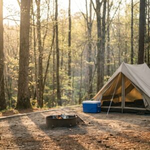 Beige canvas tent pitched at a forest campsite with a blue cooler and camping chairs nearby, facing a metal fire ring under warm sunlight filtering through tall trees