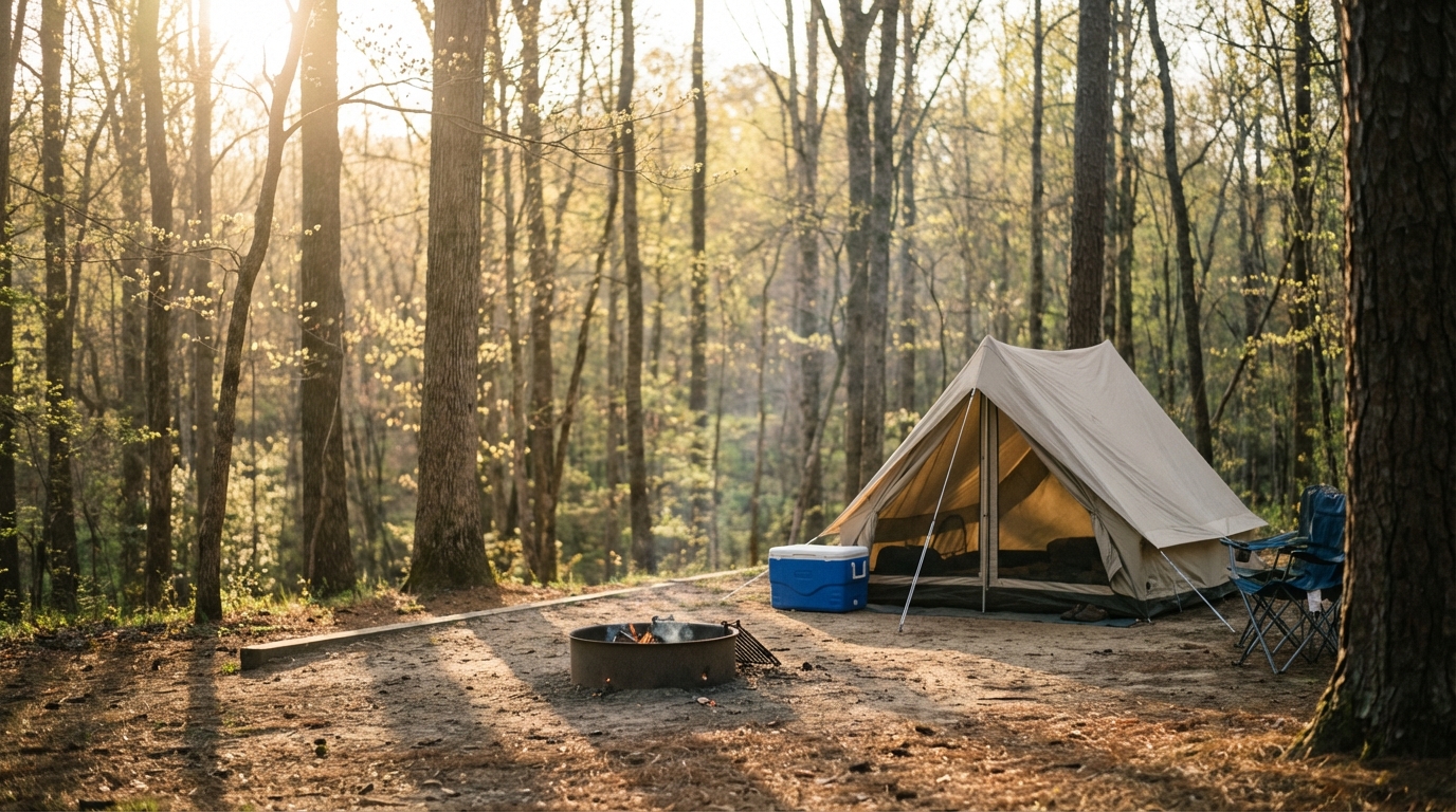 Beige canvas tent pitched at a forest campsite with a blue cooler and camping chairs nearby, facing a metal fire ring under warm sunlight filtering through tall trees