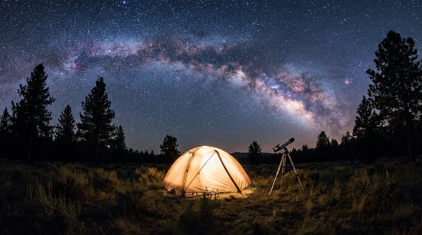 Illuminated camping tent glowing warmly next to a telescope on a tripod in a grassy field, set against a backdrop of silhouetted pine trees and a vibrant night sky featuring the colorful arch of the Milky Way galaxy.