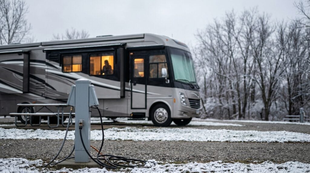 Large Class A motorhome parked at a snowy campsite with an electrical hookup pedestal in the foreground and warm light glowing from the windows against a backdrop of bare winter trees