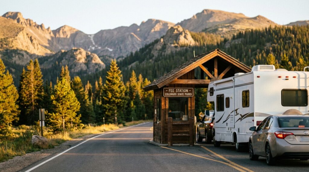 A silver car follows a white RV trailer through a wooden fee station entrance for Colorado State Parks, set against a backdrop of sunlit mountain peaks and dense pine forests
