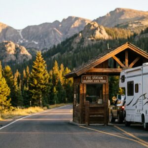 A silver car follows a white RV trailer through a wooden fee station entrance for Colorado State Parks, set against a backdrop of sunlit mountain peaks and dense pine forests