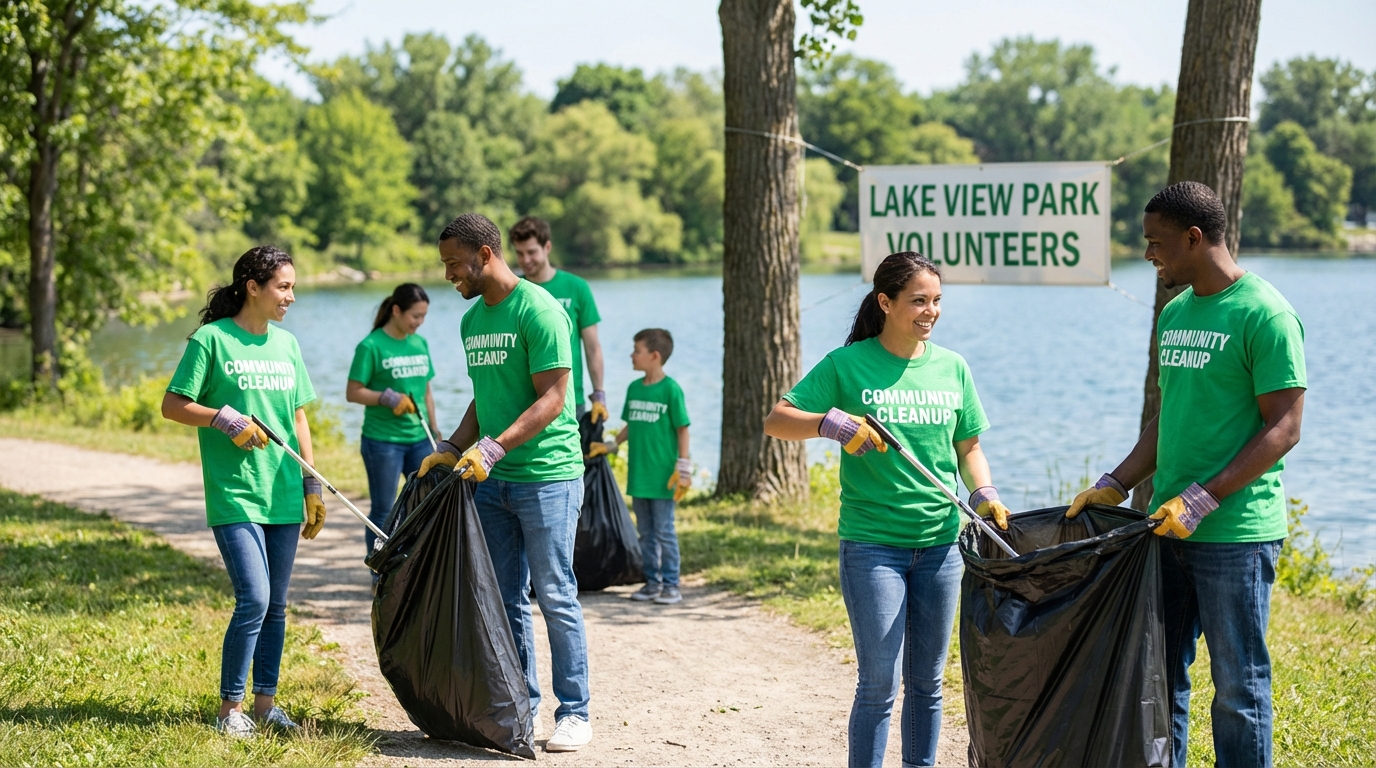 Diverse group of volunteers wearing green Community Cleanup t-shirts holding black trash bags and using grabbers to pick up litter along a path at Lake View Park near the water with a banner in the background reading Lake View Park Volunteers