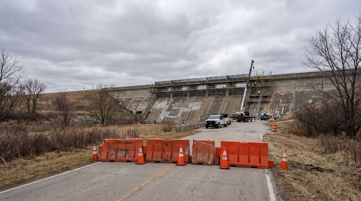 Orange construction barriers and traffic cones block a road leading to a large concrete dam undergoing repairs, featuring scaffolding along the upper wall and a crane stationed at the base under an overcast sky