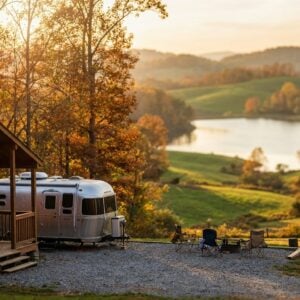 A small wooden cabin and a silver Airstream-style travel trailer parked at a gravel campsite overlooking a serene lake and rolling hills covered in vibrant autumn foliage during golden hour, with camping chairs arranged around a fire pit