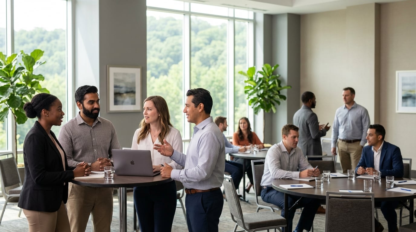 Diverse group of business professionals collaborating at a high-top table in a bright modern office, with a man gesturing while speaking to colleagues and a woman using a laptop, while other groups network at tables in the background