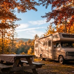 Beige motorhome parked at a scenic campsite surrounded by vibrant orange and red autumn foliage, with a wooden picnic table in the foreground under a blue sky