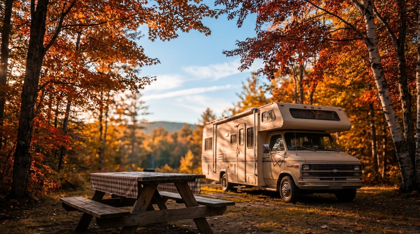Beige motorhome parked at a scenic campsite surrounded by vibrant orange and red autumn foliage, with a wooden picnic table in the foreground under a blue sky