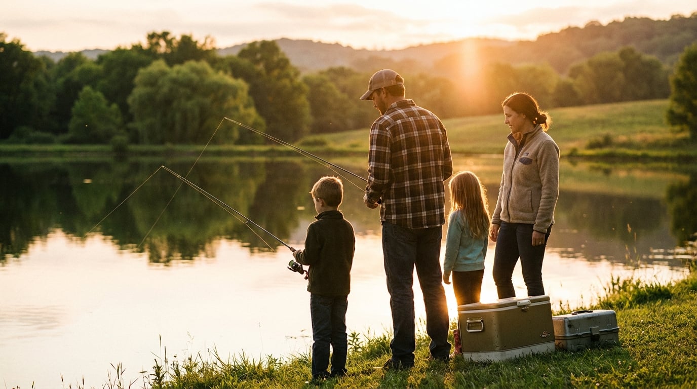 Family of four fishing by a calm lake at sunset, with a father and son holding fishing rods while a mother and daughter stand nearby on the grassy bank next to a cooler and tackle box