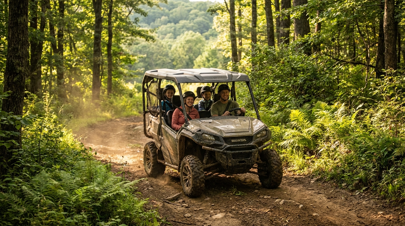 A family of four wearing helmets rides a Honda side-by-side UTV along a dusty dirt trail through a dense, sunlit forest.