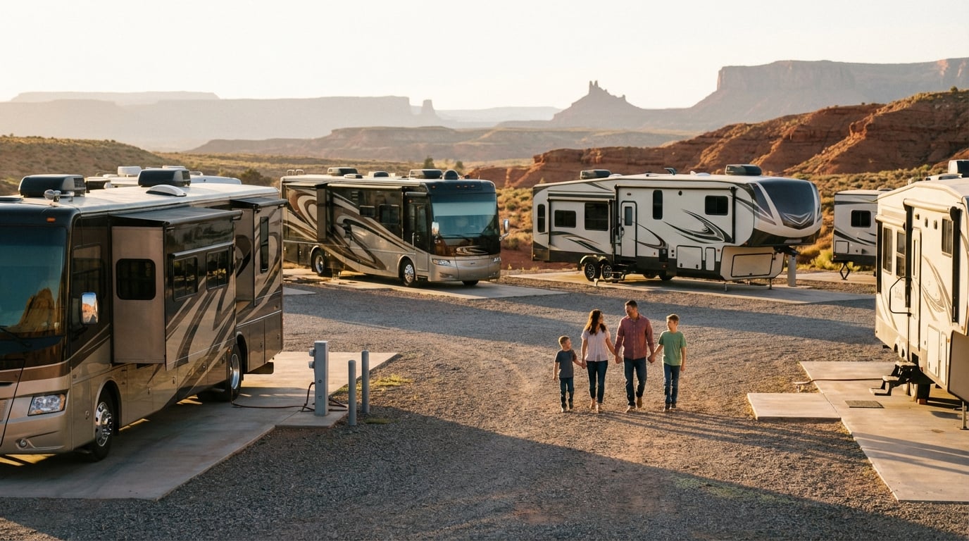 Family of four holding hands walking through a gravel RV park surrounded by luxury motorhomes and travel trailers with scenic red rock mesas in the background during sunset