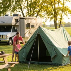 A family of four works together to pitch a green canvas tent on a sunny grassy campsite with a large Class C motorhome parked in the background and a wooden picnic table holding camping gear in the foreground