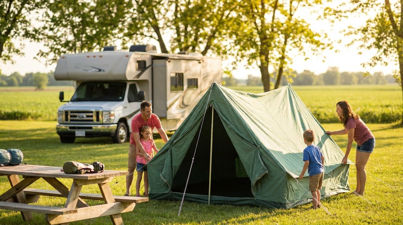 A family of four works together to pitch a green canvas tent on a sunny grassy campsite with a large Class C motorhome parked in the background and a wooden picnic table holding camping gear in the foreground