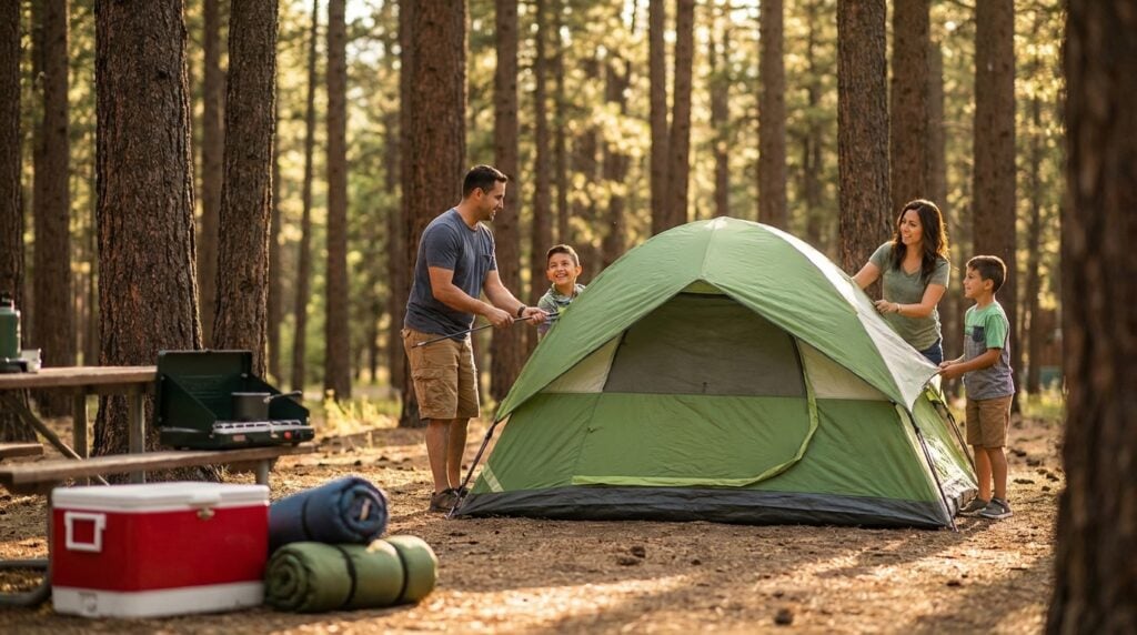 Family of four smiling as they work together to pitch a green tent in a sunny pine forest, with camping gear including a red cooler, rolled sleeping bags, and a portable stove on a picnic table in the foreground