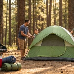 Family of four smiling as they work together to pitch a green tent in a sunny pine forest, with camping gear including a red cooler, rolled sleeping bags, and a portable stove on a picnic table in the foreground