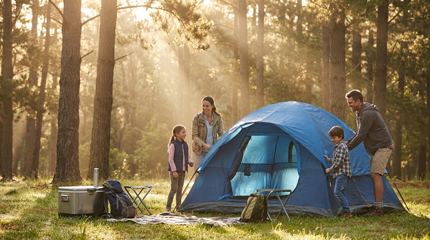 Family of four pitching a blue camping tent together in a sun-drenched forest clearing surrounded by tall trees, with camping gear including a cooler and backpack in the foreground