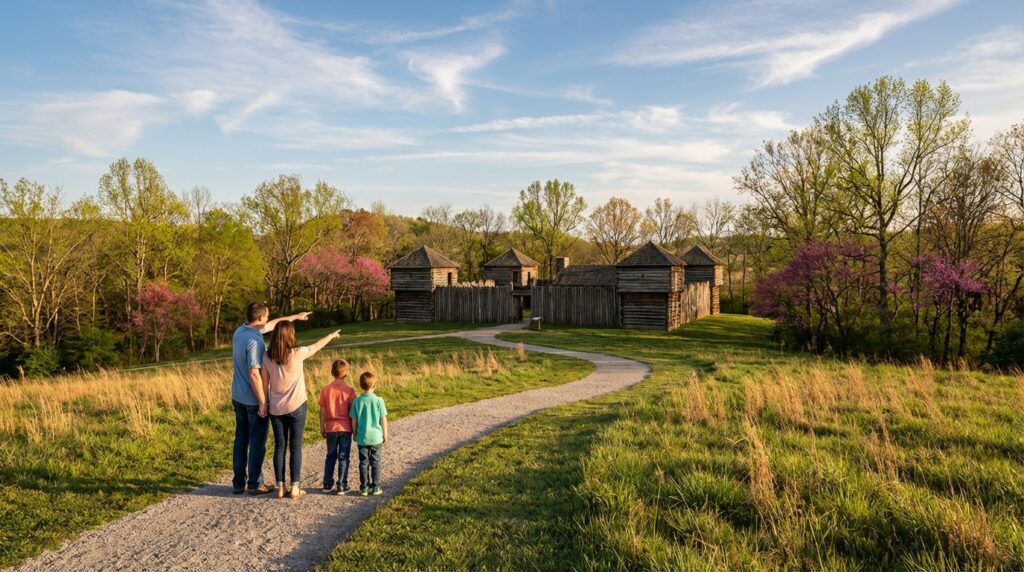 A family of four stands on a gravel path pointing toward a historic wooden frontier fort surrounded by grassy fields and flowering spring trees.