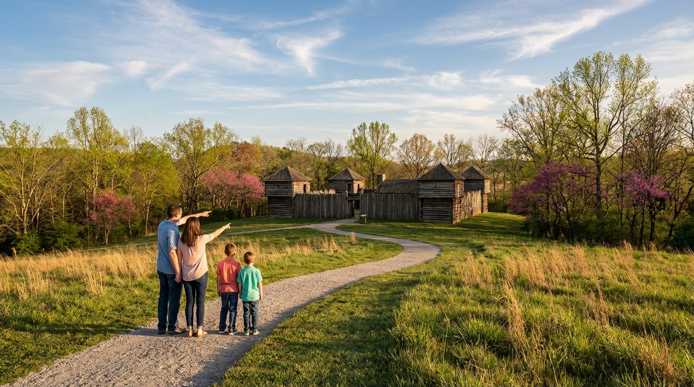 A family of four stands on a gravel path pointing toward a historic wooden frontier fort surrounded by grassy fields and flowering spring trees.