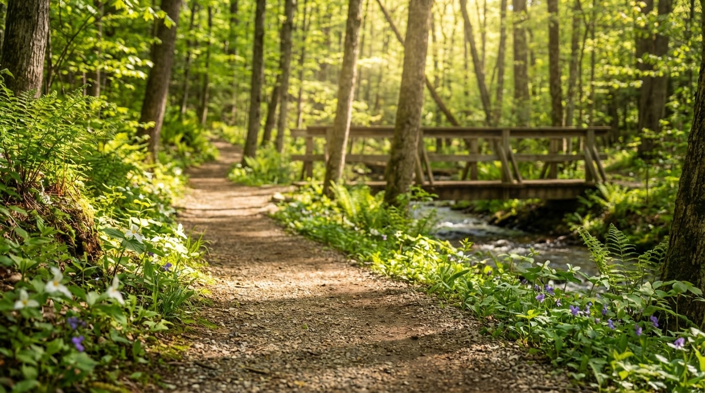 Sunlit dirt hiking trail winding through a lush green forest with wildflowers and ferns, leading to a wooden footbridge over a stream