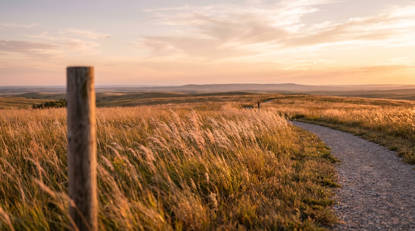 Gravel hiking trail winding through tall golden prairie grass at sunset with a blurred wooden fence post in the foreground and rolling hills in the distance