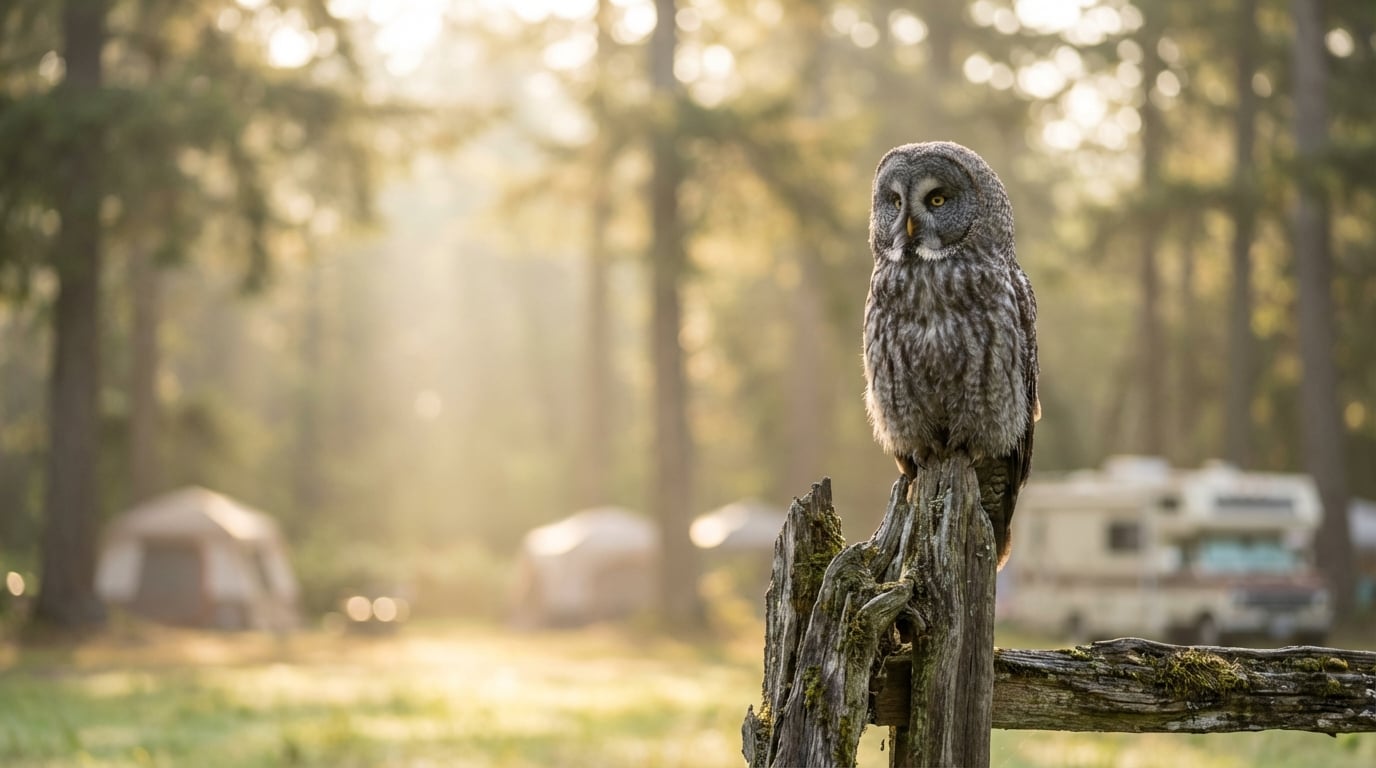 Great Grey Owl perched on a weathered fence post with a blurred forest campsite, tents, and an RV in the sunlit background