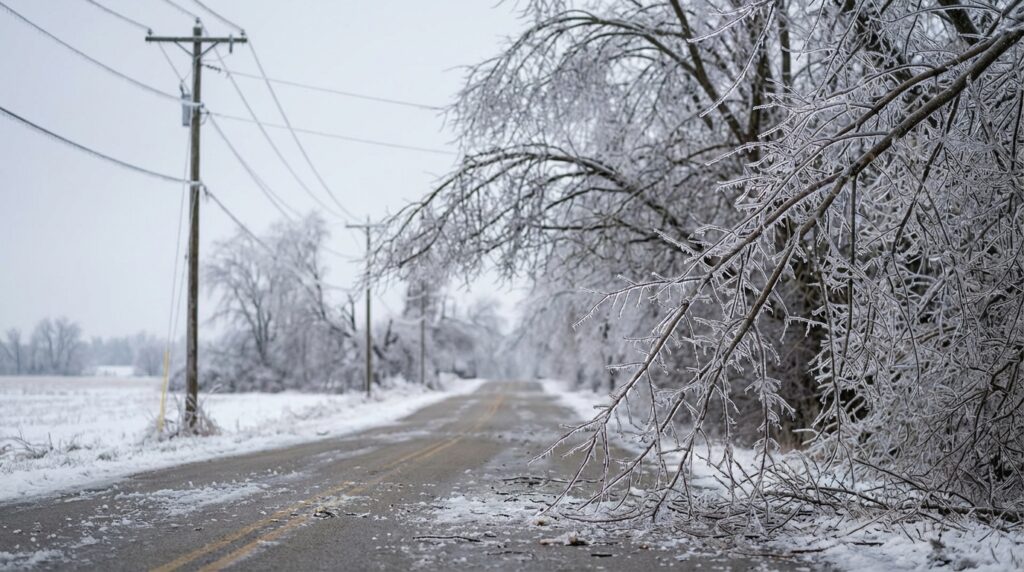 Tree branches encased in thick ice hang low over a slushy rural road lined with utility poles and power lines during a severe winter ice storm